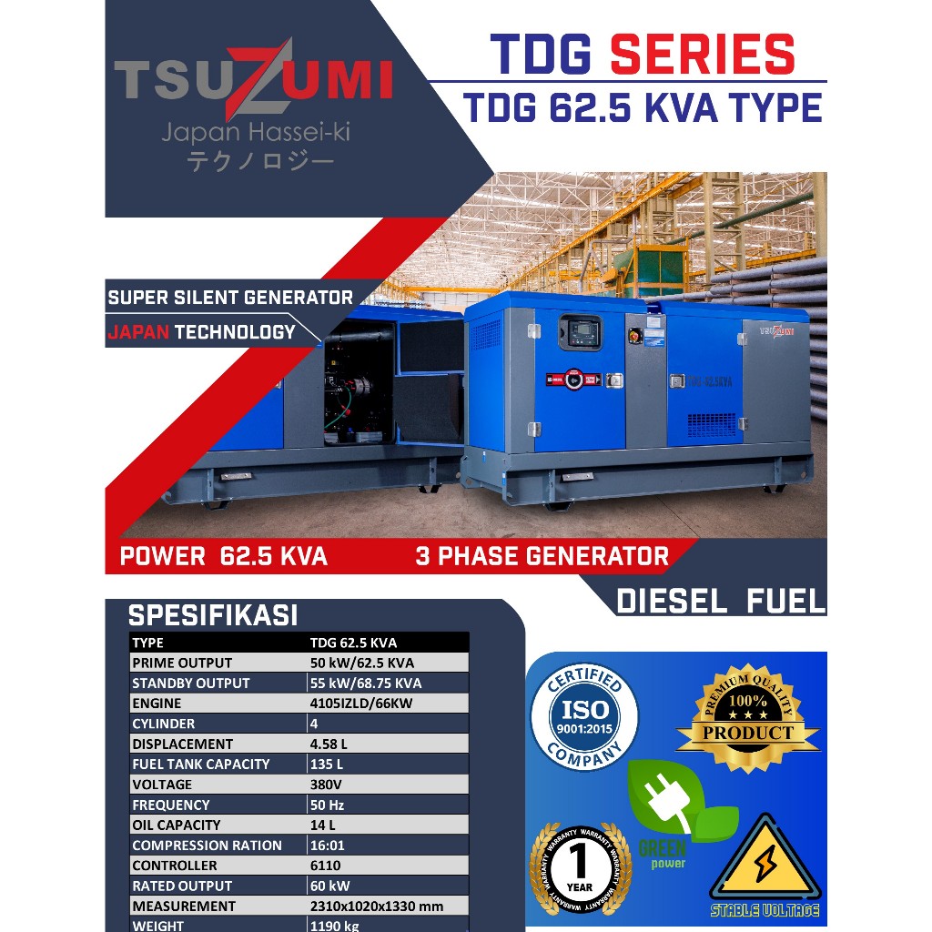 Genset Silent Solar 60 KVA 3 Phase / Tsuzumi TDG62,5KVA Japan Teknologi