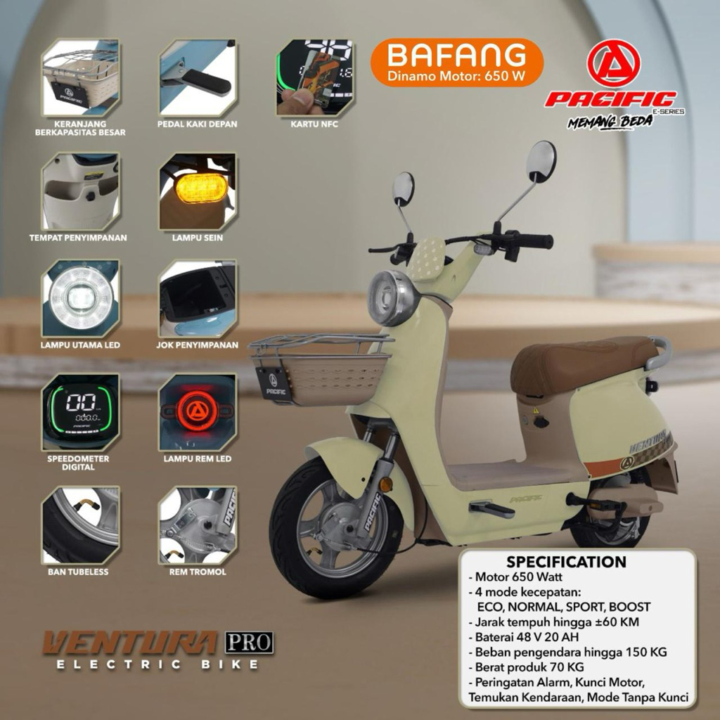 SEPEDA LISTRIK / E-BIKE / E-MOPED PACIFIC VENTURA PRO 650WATT JARAK 60km