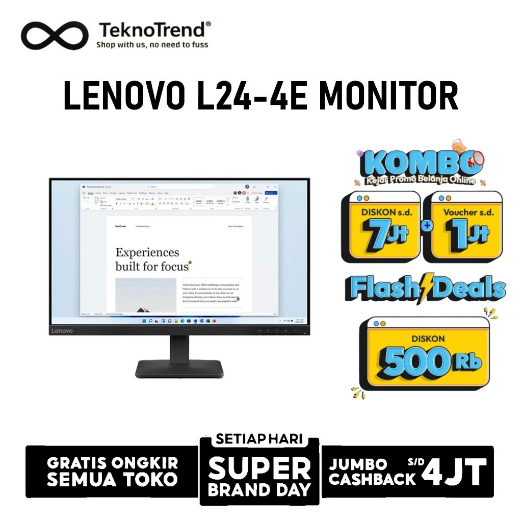 LENOVO MONITOR 24 INCH L24-4E IPS FHD 1080P 4MS 100HZ