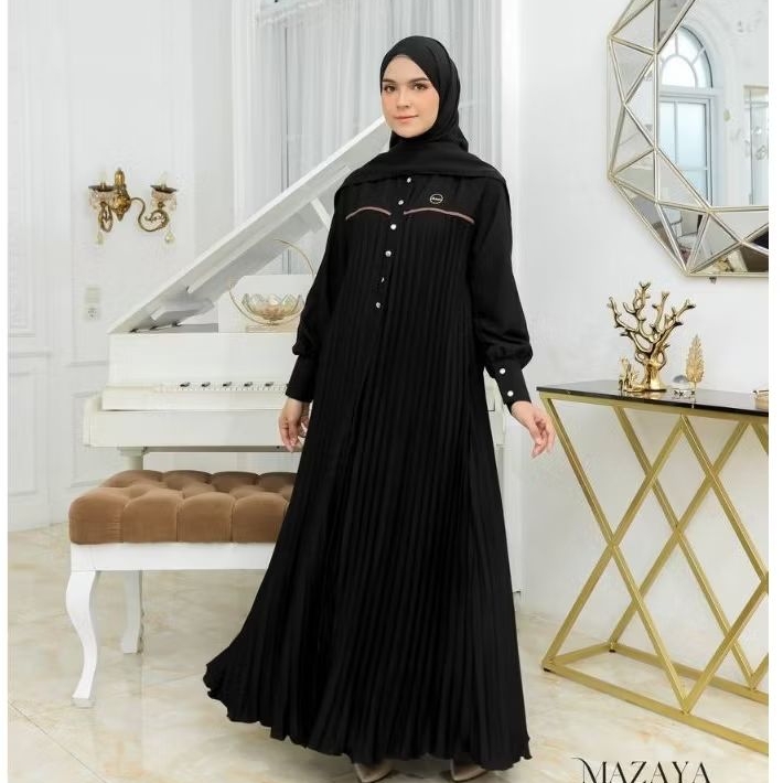 Mazaya Dress Set Hijab Square Gamis Muslim Hitam  Polos Plisket Remaja Tanggung dan Dewasa