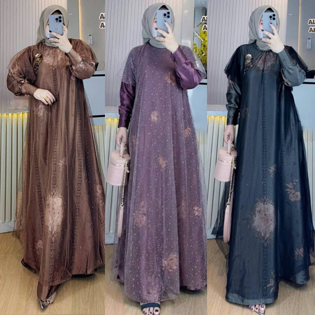 TOKOCAKADUT RAYA COLLECTION | Gamis Almira Armani Silk Kombinasi tile Maxy Dress Wanita