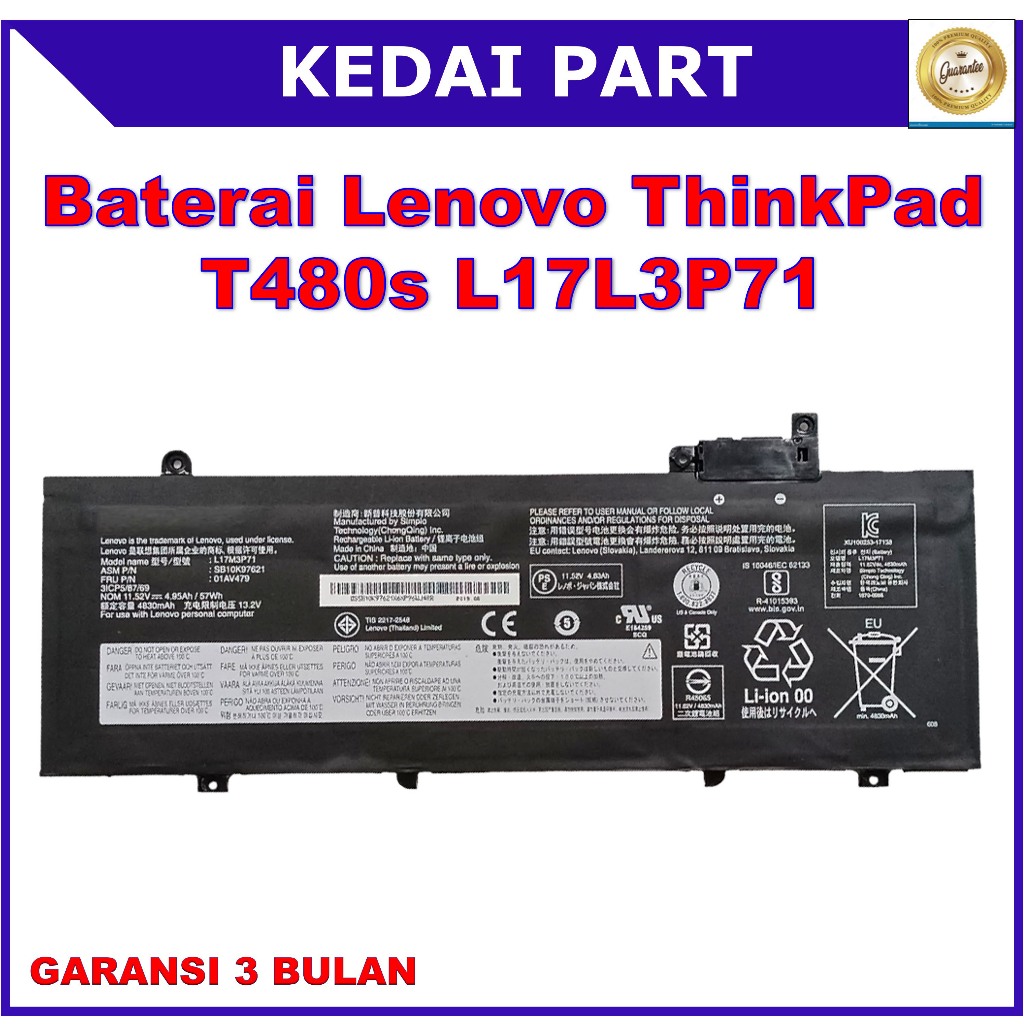 Baterai Lenovo Thinkpad T480S 01AV478 01AV479 01AV480 L17L3P71 L17S3P71 SB10K97620
