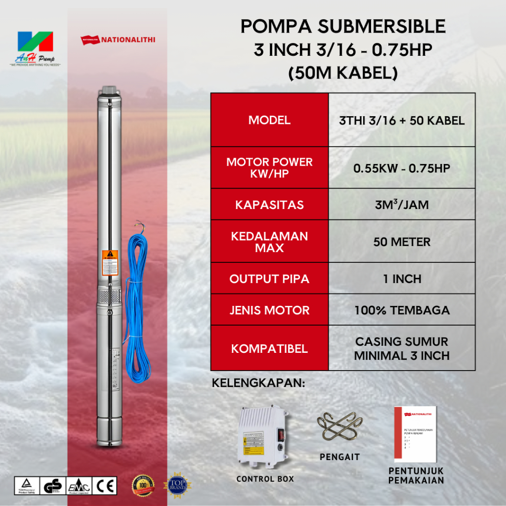 POMPA SATELIT NATIONALITHI 3INCH 3/16 - 0.75HP + KABEL 50M (DIBANTU SAMBUNGKAN) | POMPA AIR POMPA SU