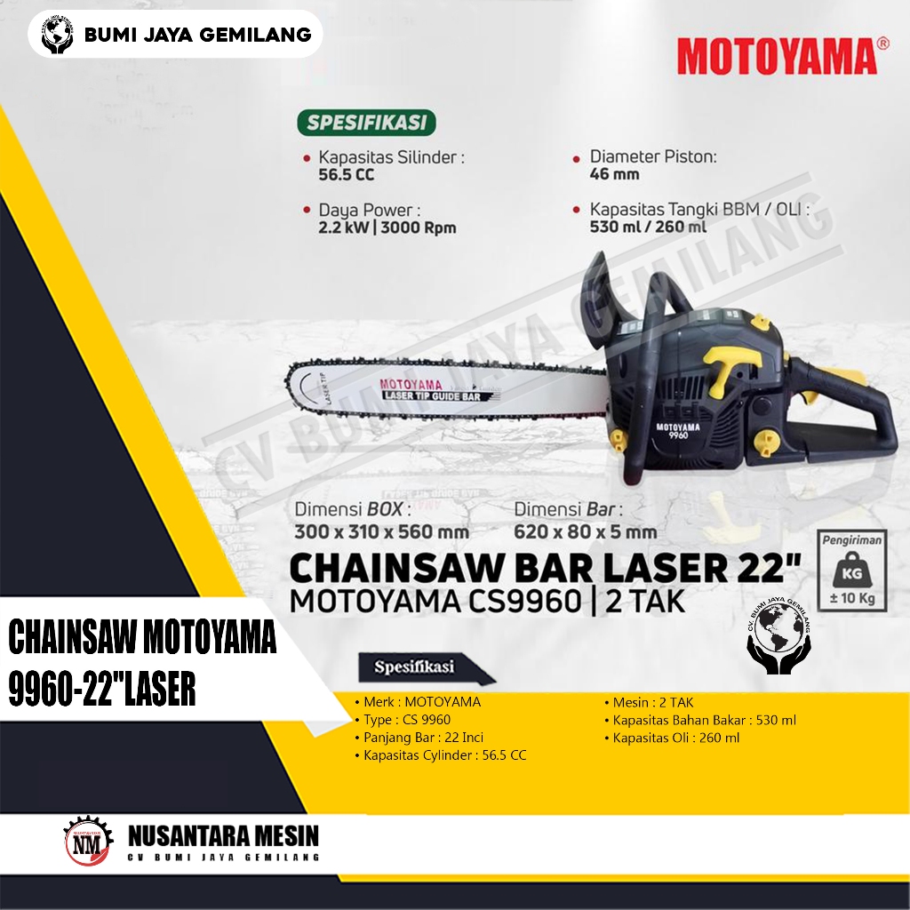 MESIN GERGAJI KAYU / CHAINSAW MOTOYAMA 9960-22"LASER