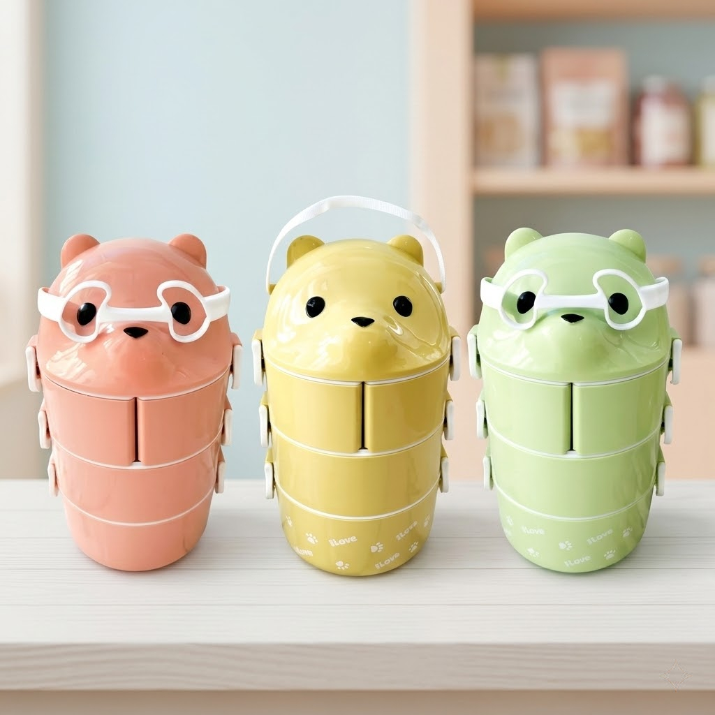 Rantang Karakter Panda Plastik Sekat 4 Susun 3 Souvenir Viral Bingkisan Lucu