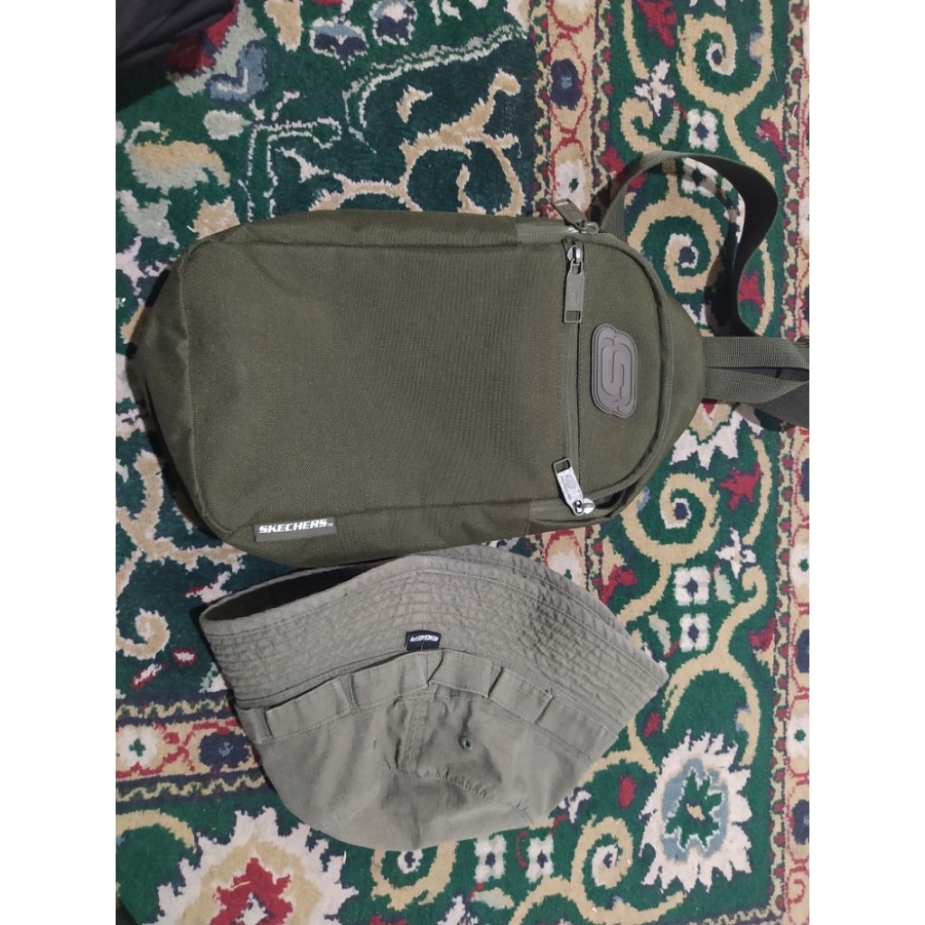 tas slingbag skechers n topi eiger ijo army