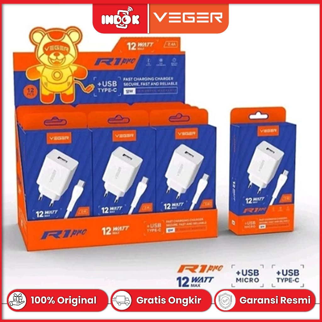 VEGER R1 PRO / charger VEGER R1 PRO 12W 2.4A with kabel MICRO USB or TYPE C ORIGINAL GARANSI RESMI 1