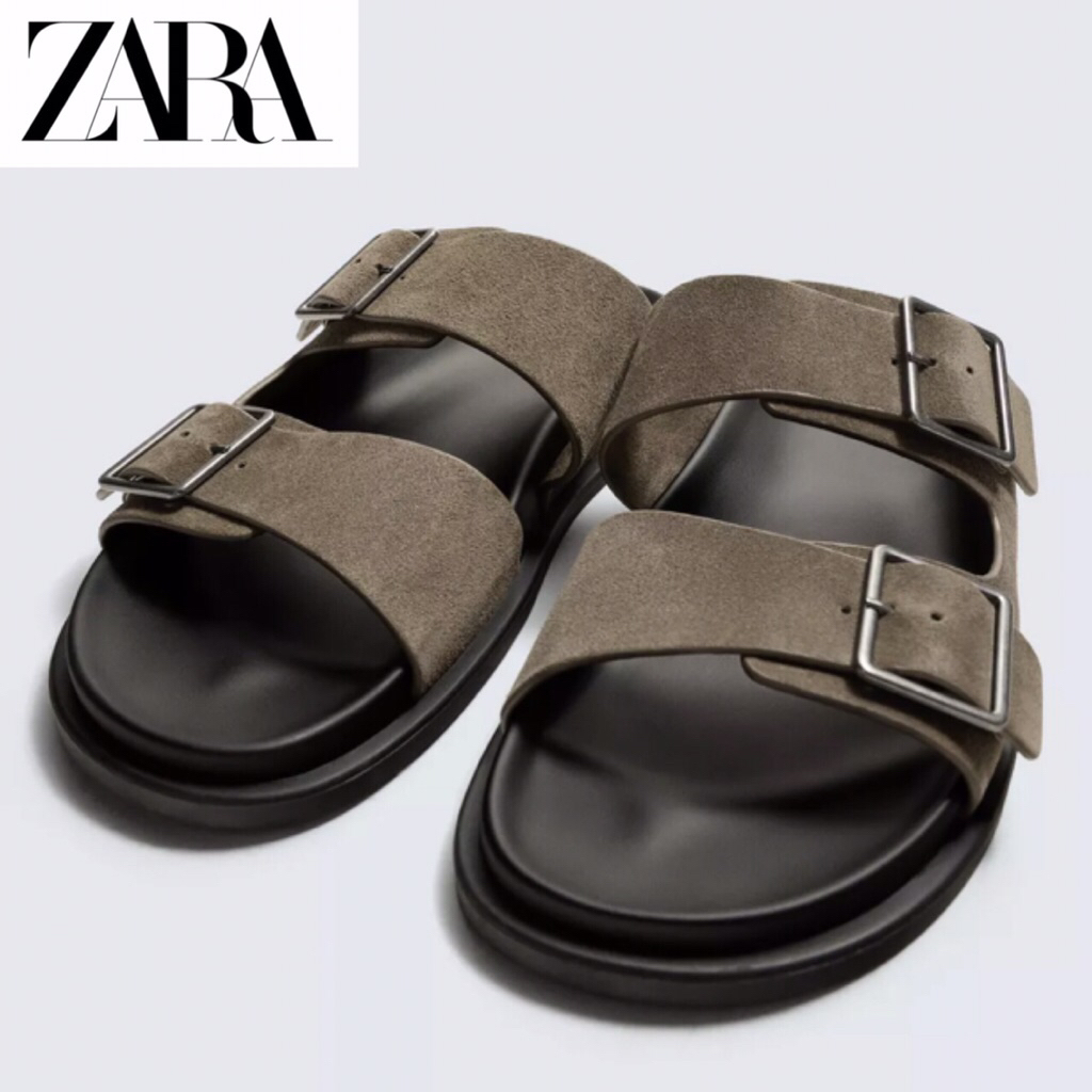 ZARA Men Sandal Double Strap Leather Sendal Pria Taupe Grey