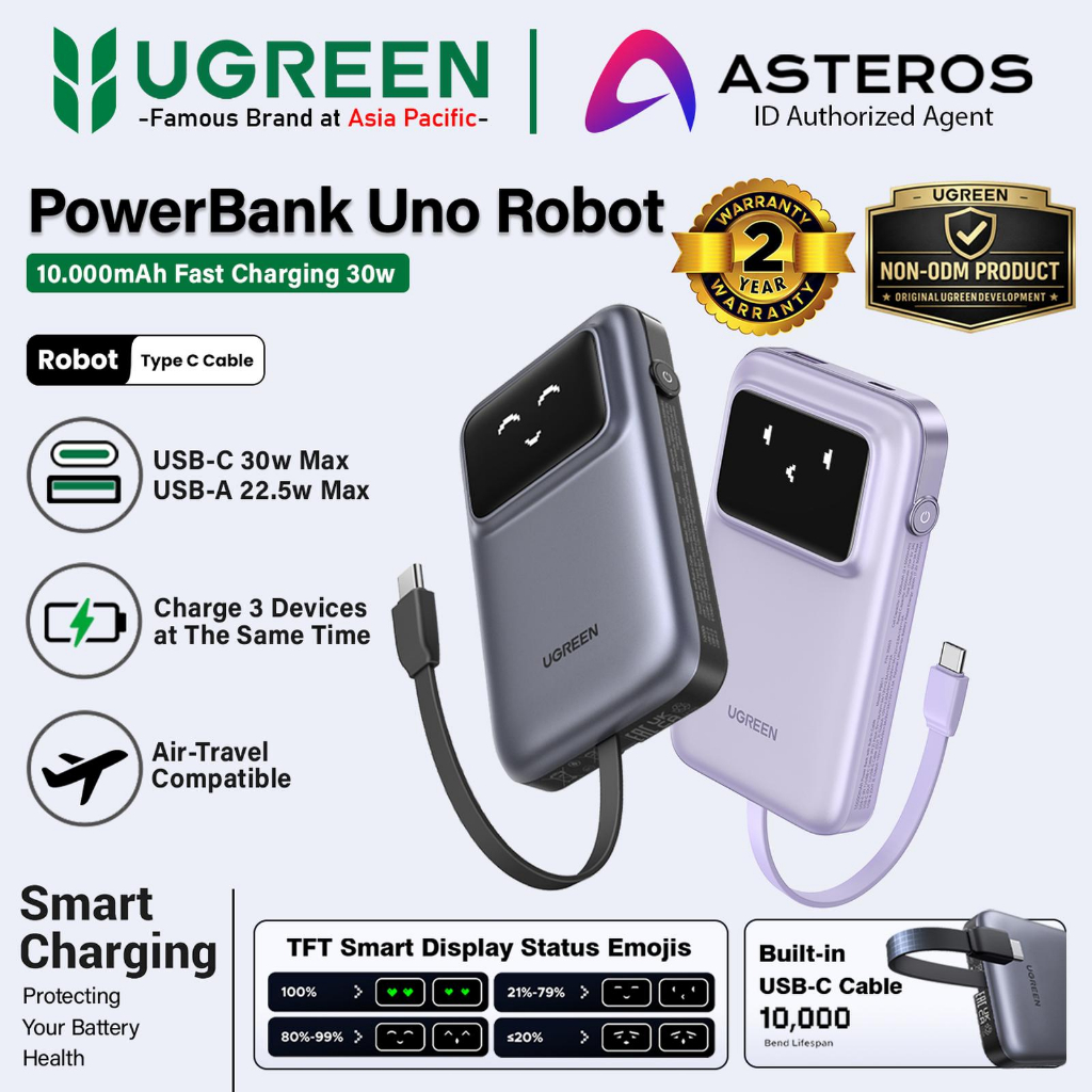 UGREEN UNO PowerBank 30W 10.000mAh Robot TFT Smart Display Built-in USB-C Cable Fast Charging PD 100