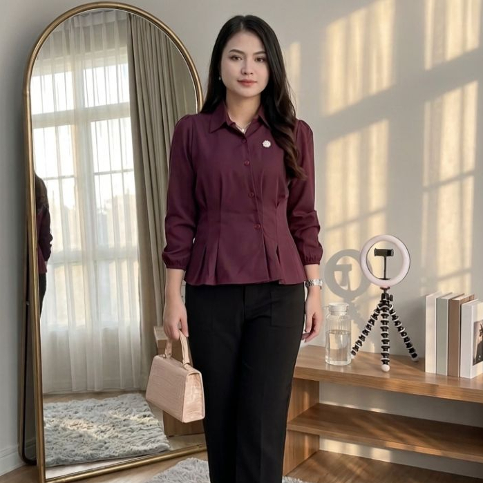 KEMEJA BLOUSE WANITA POLOS REMPEL DEPAN BELAKANG KARET