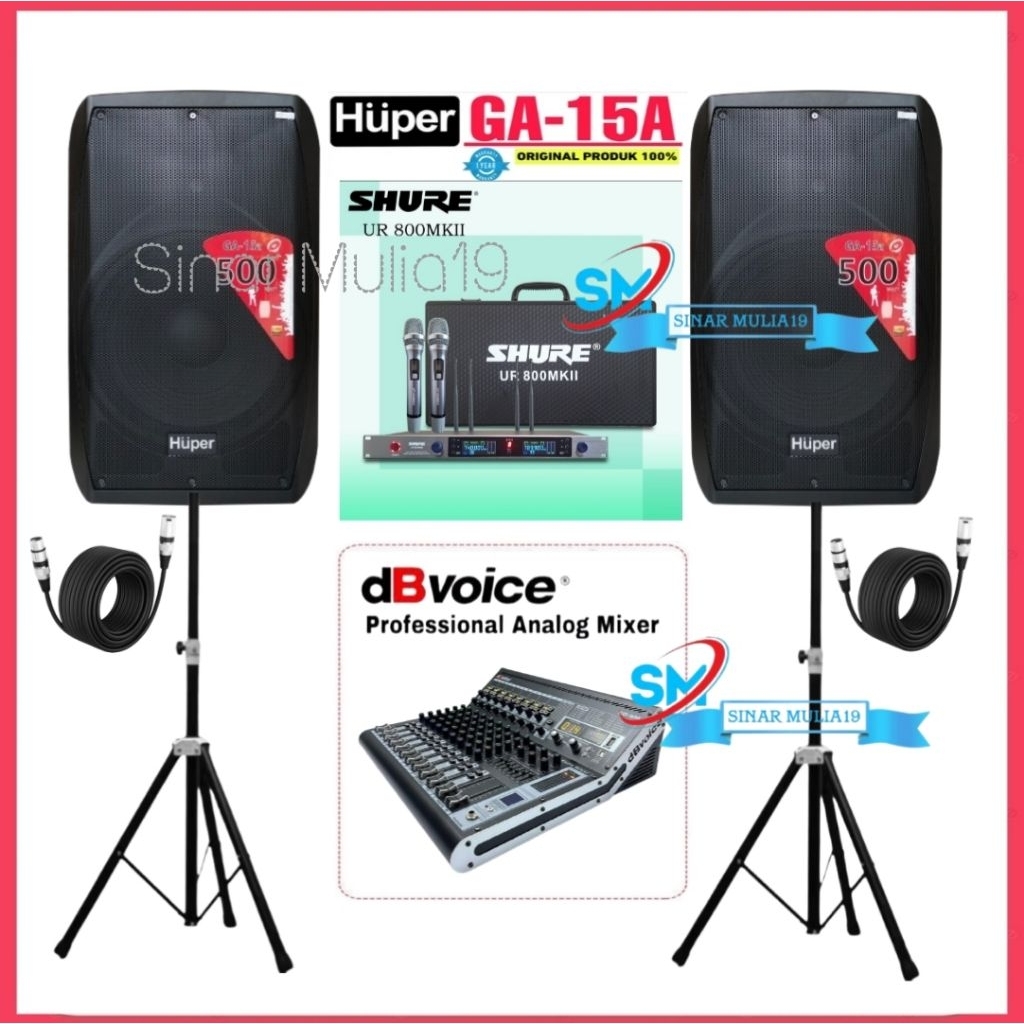 Paket Sound System Huper GA-15A Original Mixer dBvoice 80SM Mic Wireless Shure UR 800 MK II