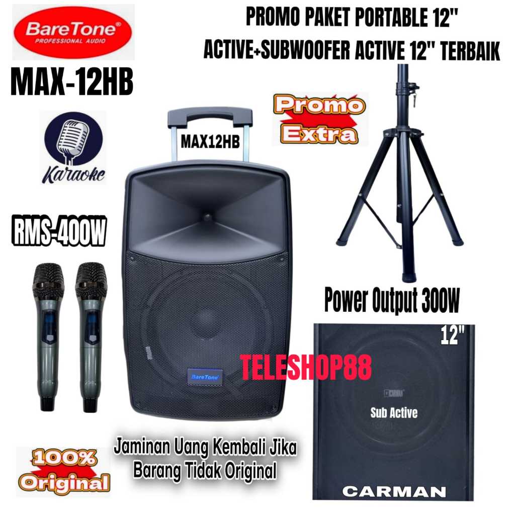 Paket Outdoor Indoor Speaker Portable 12" Baretone MAX12HB + Subwoofer 12" Original Kualitas Bagus