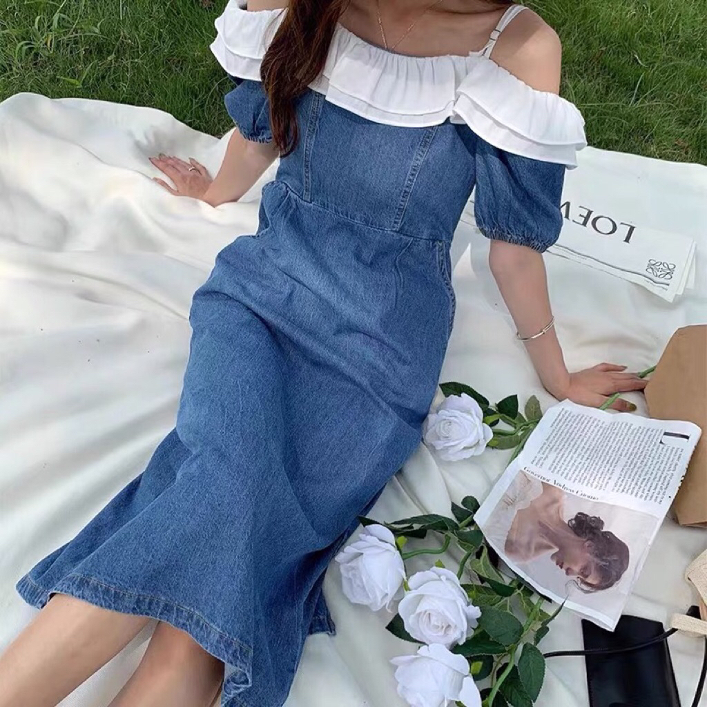 Dress Sabrina Denim Wanita Tali Spaghetti Casual