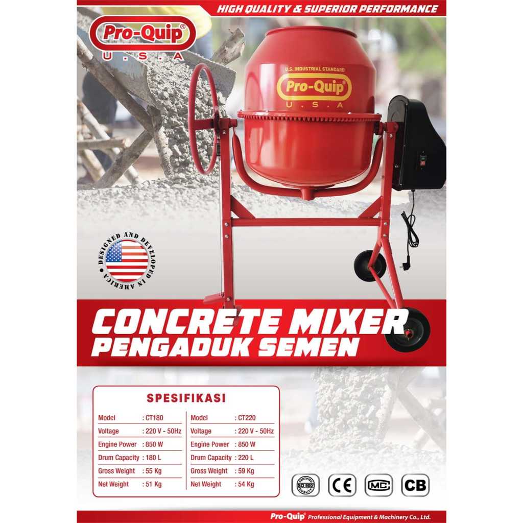 PROQUIP CT180 Mesin Molen Pengaduk Cor Semen Listrik 180 Liter / Elektrik Concrete Mixer Machine Ele
