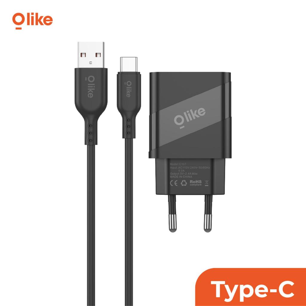 Olike Charger Type-C Hitam Dengan Kabel USB, Output 5V-2.4A, CE RoHS Compliant
