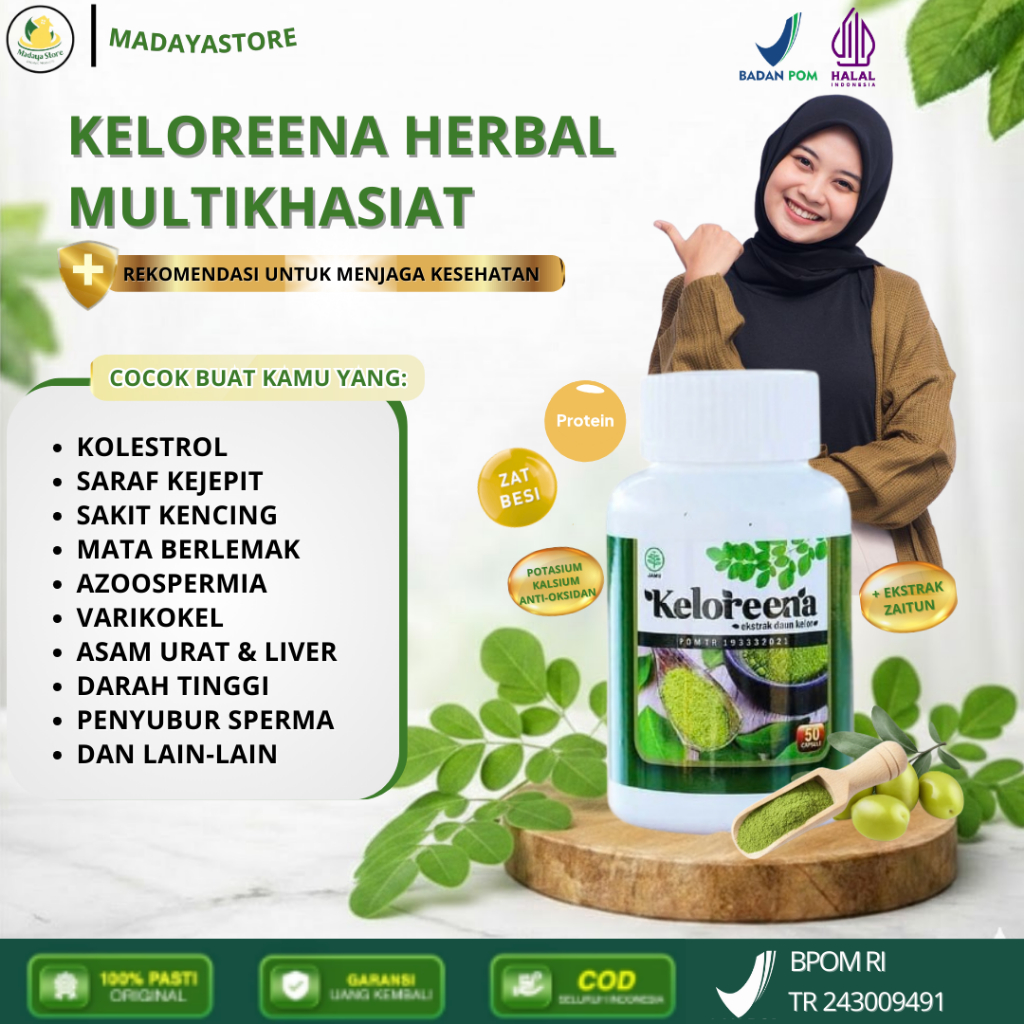 Keloreena Original 100% Asli Kapsul Ekstrak Daun Kelor BPOM Dan Halal Obat Herbal Kolesterol Asam Ur