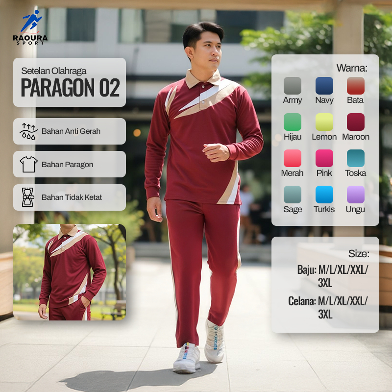 Setelan Baju Olahraga Pria Setelan Training Kerah Lengan Panjang Bahan Paragon