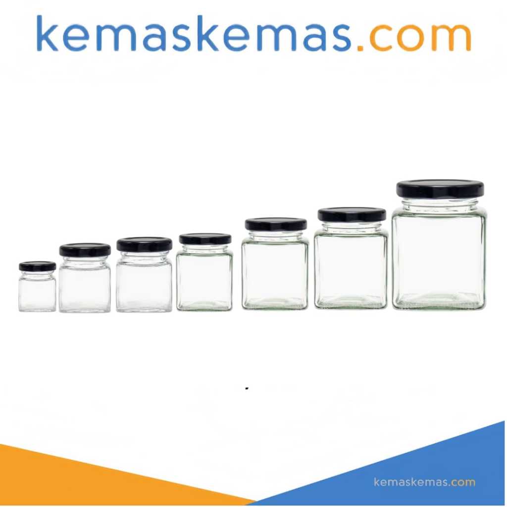 200ml Botol Kaca Square / Jar Kaca Kotak / Jar Saffron + Tutup Metal Cap