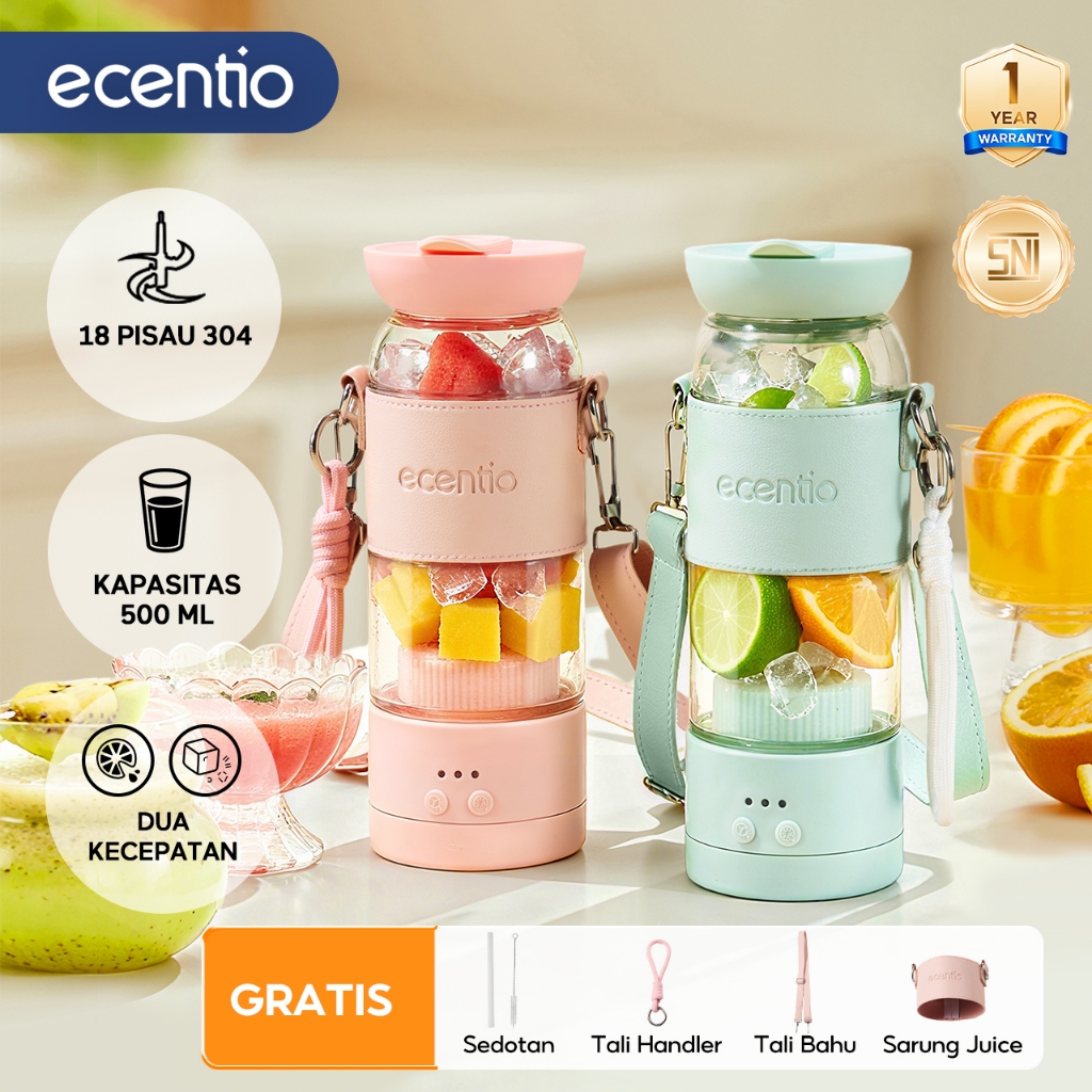 ecentio Juicer Portable Tali Bahu Fashion 18 Pisau Blender Portable 500ml Kaca Gelas Food Grade Taha