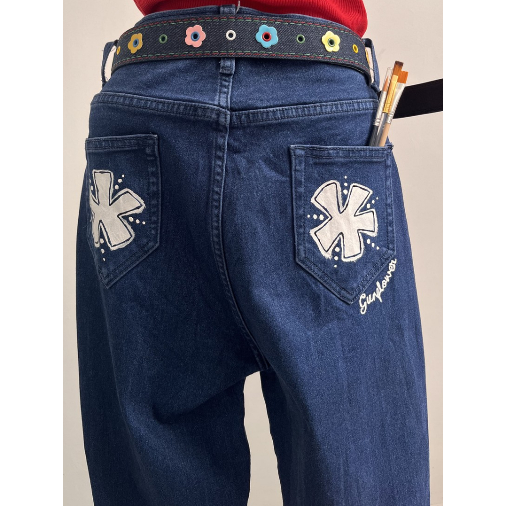 Hand-painted Flower on Flared Jeans | Celana Panjang Jeans Cutbray Biru | Reworked Denim Jeans | Rew
