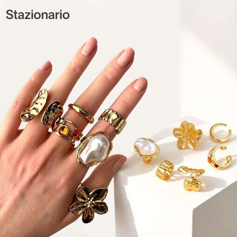 COD Set Cincin Titanium Wanita Cincin Batu Permata Cincin Terbuka Mutiara Batu Permata Boho Bohemian