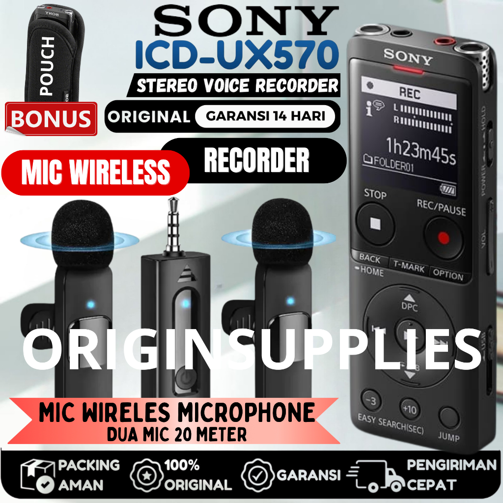 Sony ICD-UX570F Voice Recorder Perekam Suara - ORIGINAL + Mic Wireless 20 Meter