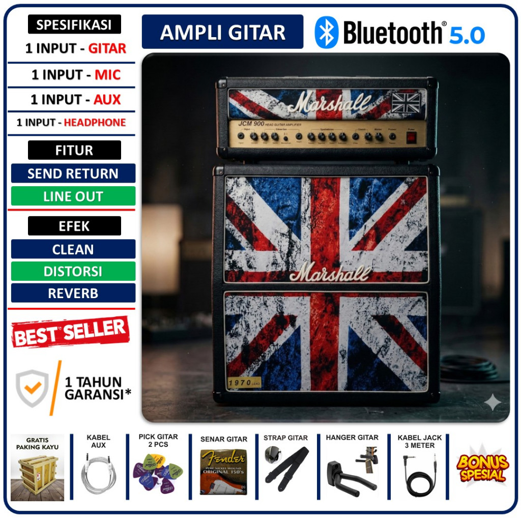 Ampli Gitar & Bass 4x12 Inch bluetooth bisa untuk karaoke Marshall 3 Input Head Cabinet Kabel Jack &