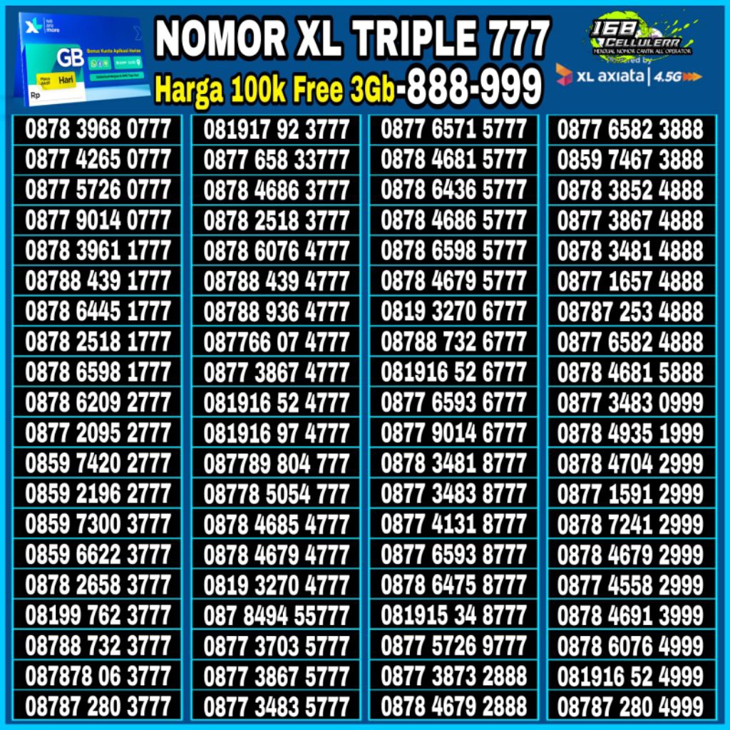 kartu perdana nomor cantik XL Axiata 4G 777 888 999 000