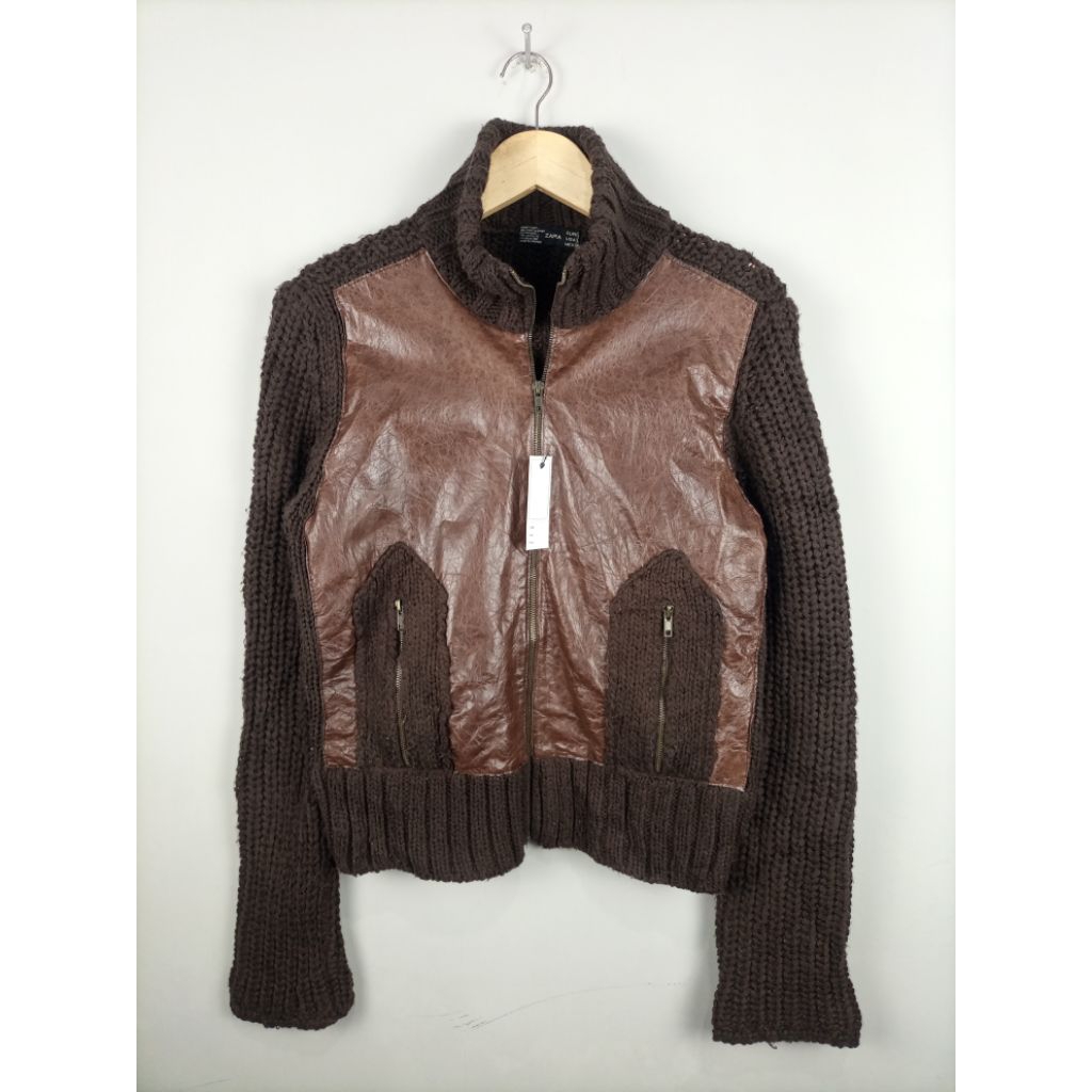 Jaket Zara Rajut Mix Kulit Domba Tebal_Zara L.i.t.h.u.a.n.i.a Original_Coklat_Size M fit L