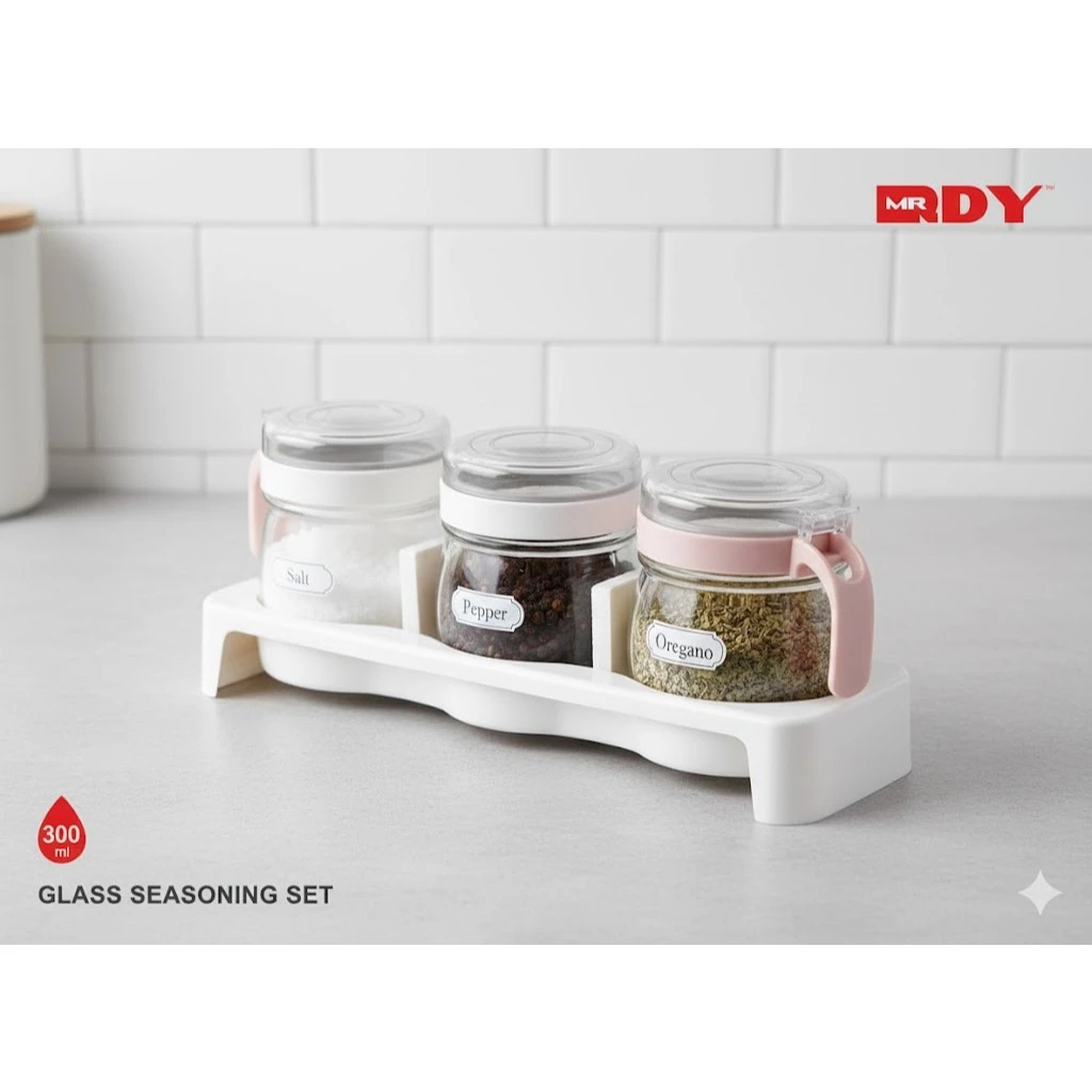 MR DIY Set Tempat Bumbu Dapur Kaca 3 in 1 Minimalis 300ml - Wadah Bumbu Botol Garam Lada Sendok Penu