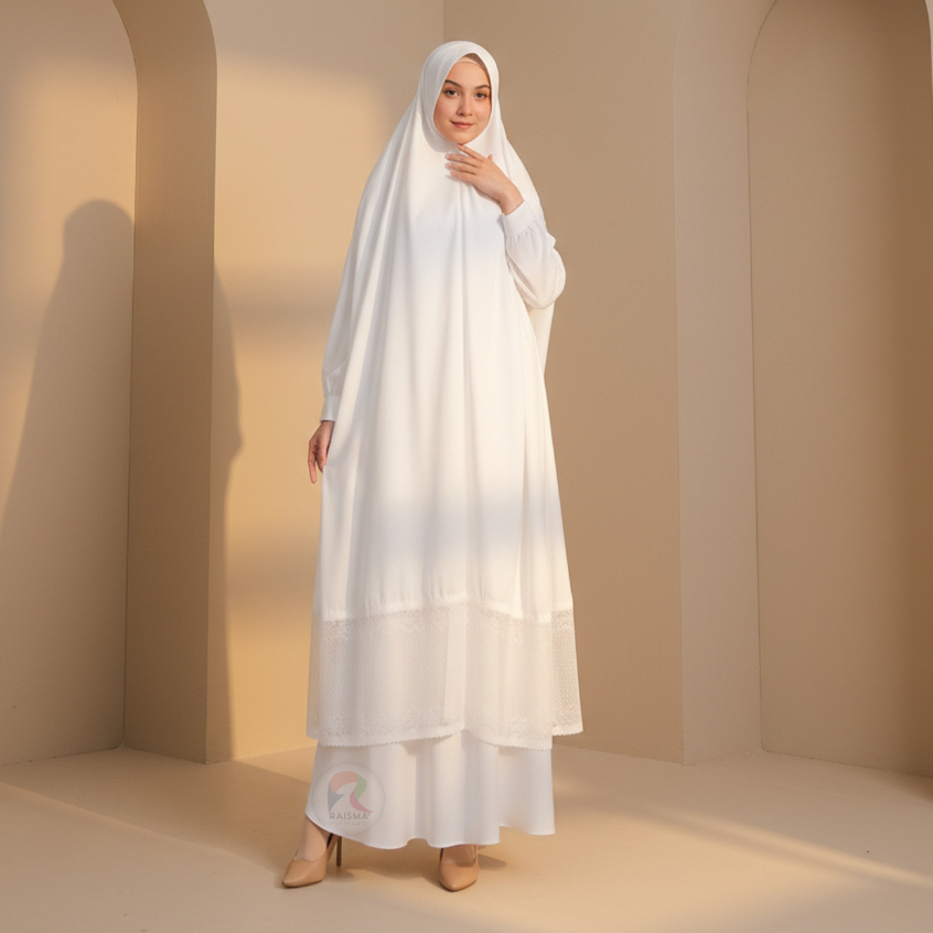 Gamis Syar'i Umroh Set Jilbab Instan Premium Bahan Anti Uv Khairimah Renda Non Renda