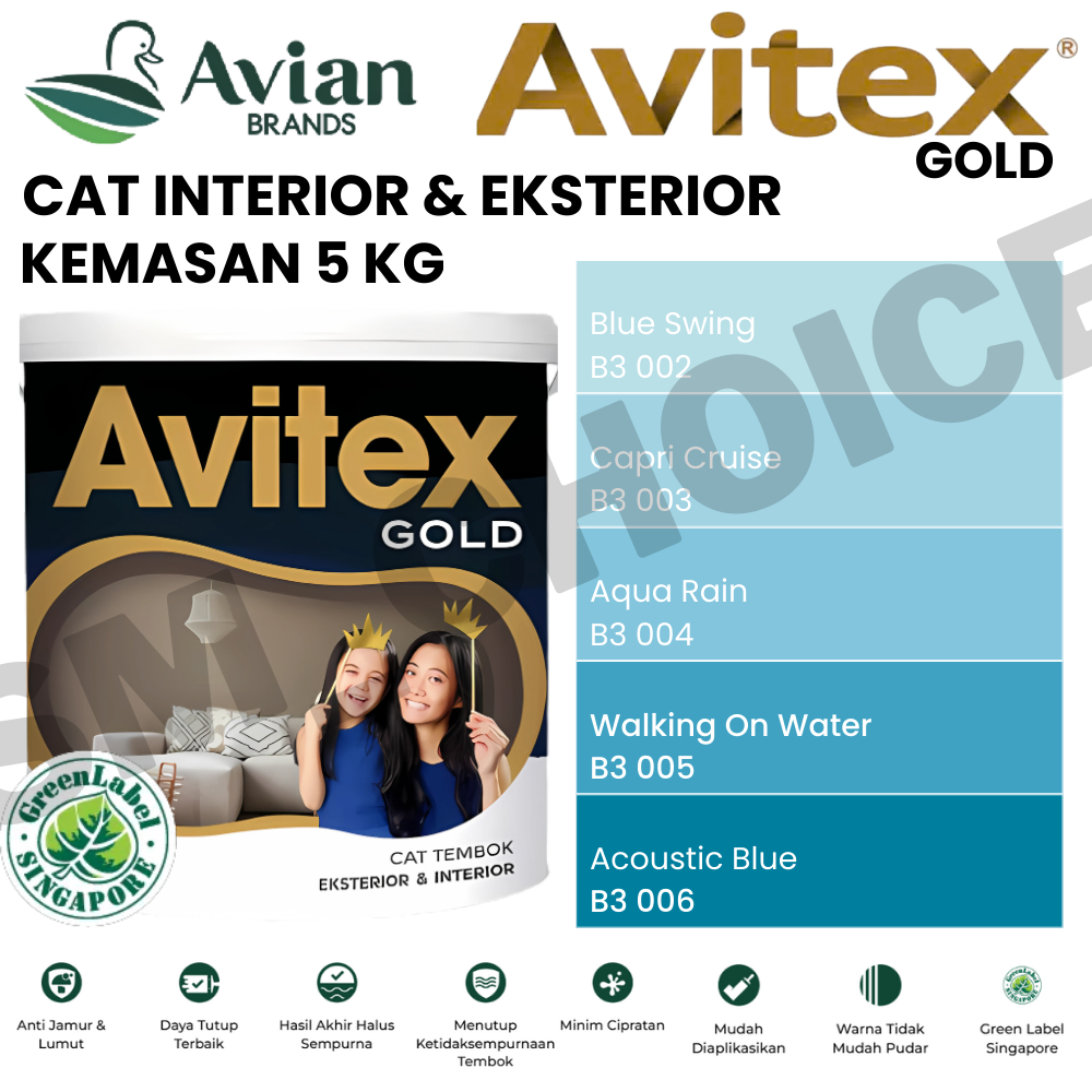 AVIAN AVITEX GOLD 5KG CAT TEMBOK 5KG BIRU / BLUE SKY / SEA BLUE 5KG CAT TEMBOK INTERIOR & EKSTERIOR