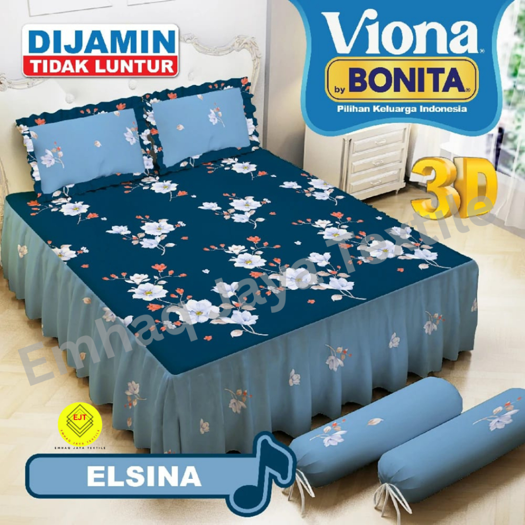 Sprei Viona By Bonita Rumbai Warna Biru Motif Bunga Ukuran 180x200 cm | Bahan Halus | Tidak Mudah Lu