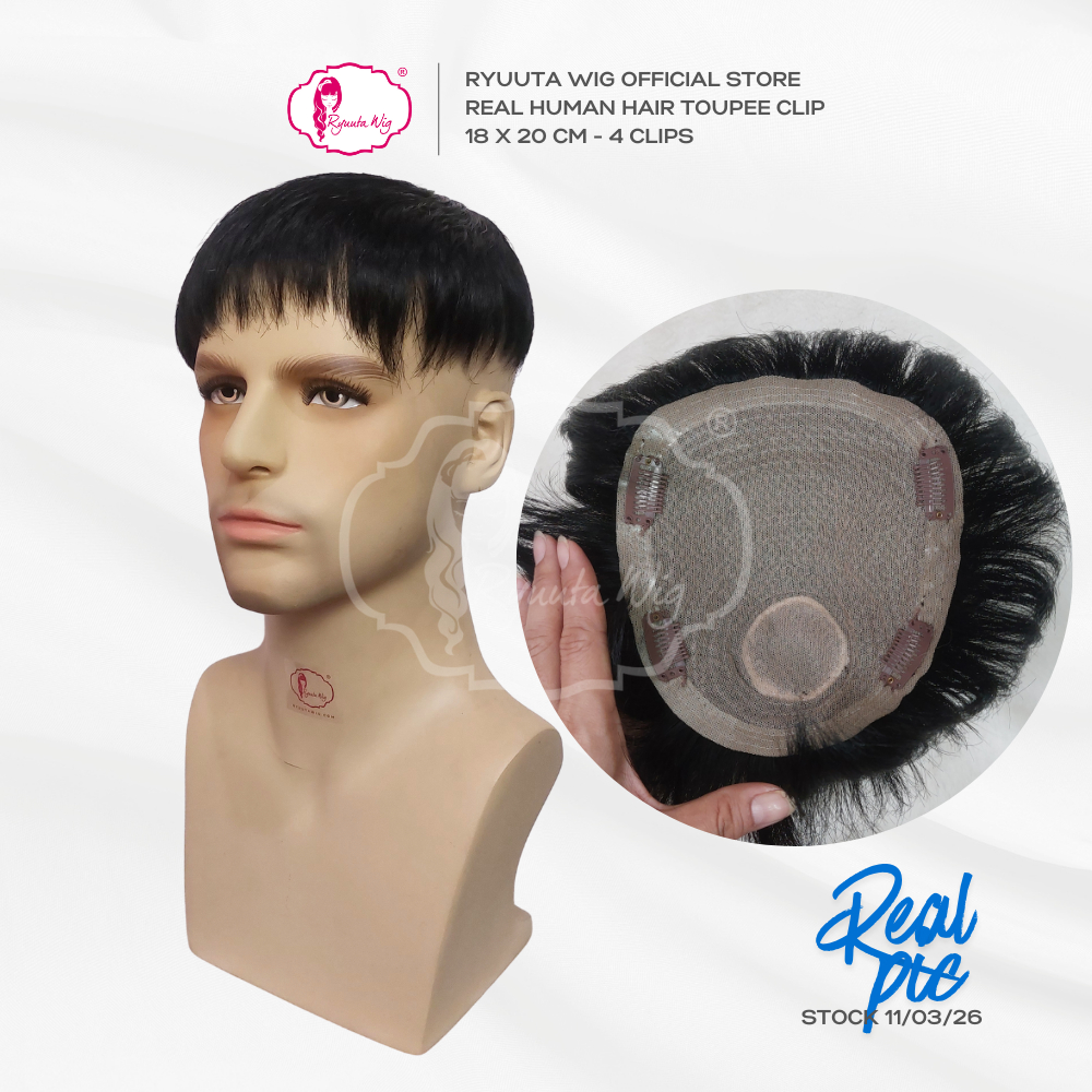 Ryuuta Wig Toupee Topper Clip Short Human Hair Rambut Asli Pria Pendek 18 x 20 cm