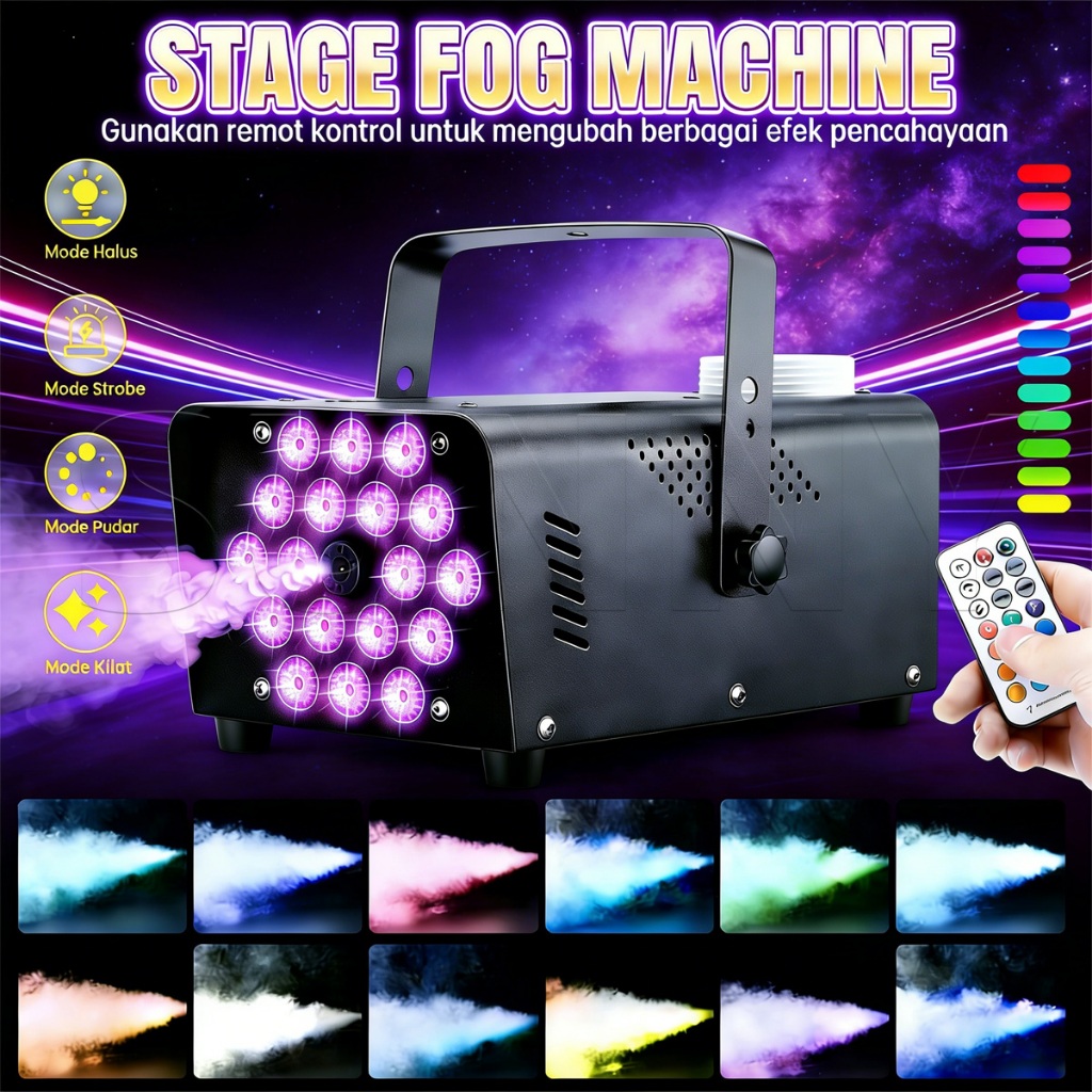 Mesin Fogging RGB LED Pembuat Asap Panggung Sistem Fogger Stage Foging 2200W 18RGB LED Portabel Asap