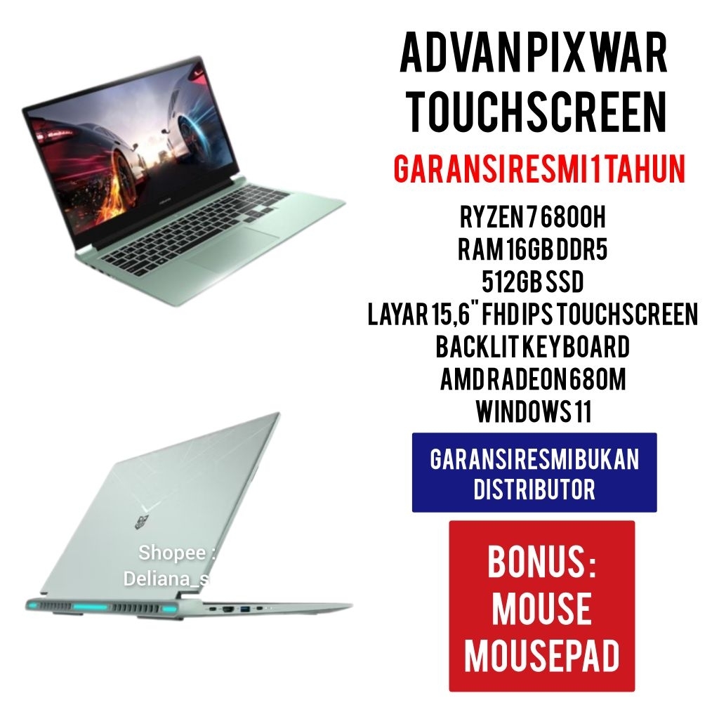 Laptop Advan Pixwar Touchscreen Ryzen 7 6800H 16GB/512GB SSD 15,6" FHD IPS Garansi Resmi 1 Tahun Lap