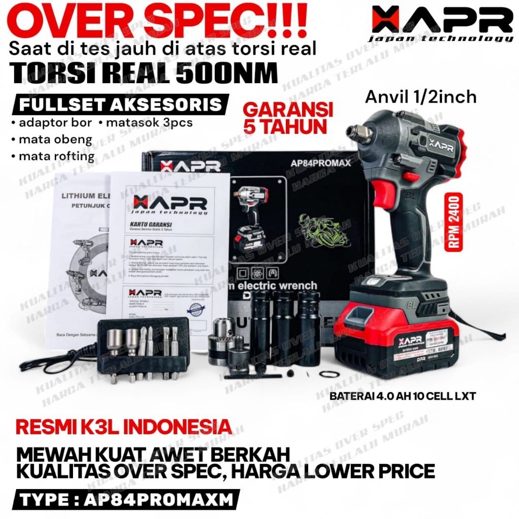 APR JAPAN AP84PROMAXM BOR IMPACT WRENCH 500NM MESIN PEMBUKA BAUT BAUT RODA MOBIL MOTOR CVT