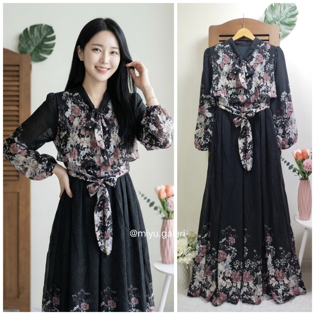 Gamis Korean Dress ala Hanbok Plisket Dada Lipit Rok Ceruty Elegam Premium motif bunga besar kecil t