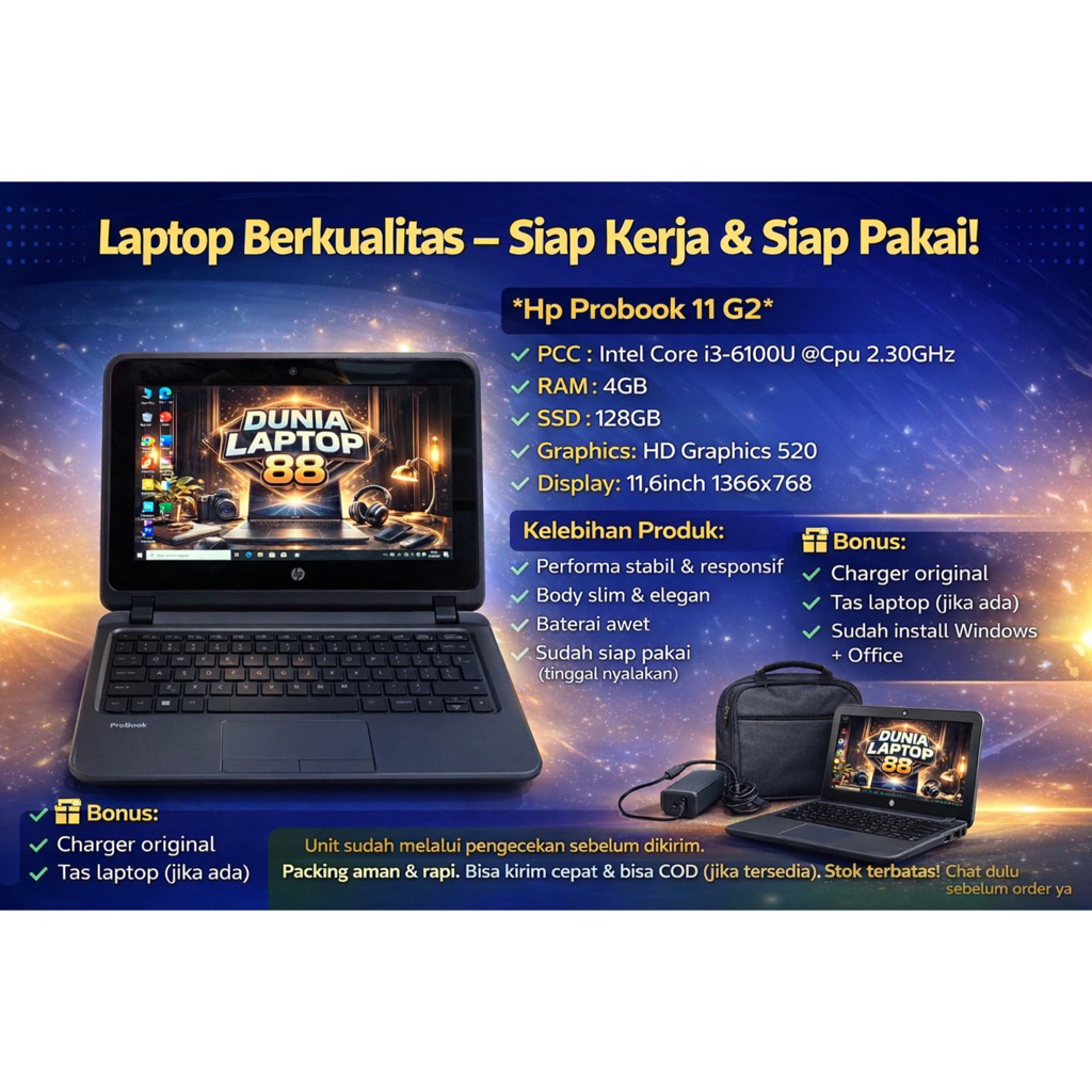 Hp Probook 11 G2 Core i3 Gen 6 Ram 4 SSD 128 - Siap Pakai