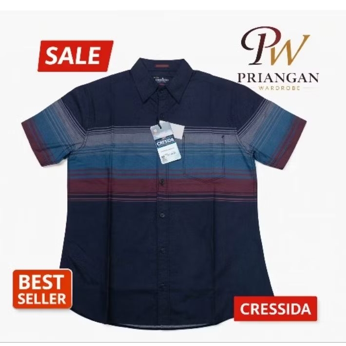 Kemeja Pria Cressida Original Slim Fit Lengan Pendek Motif Garis Casual Formal