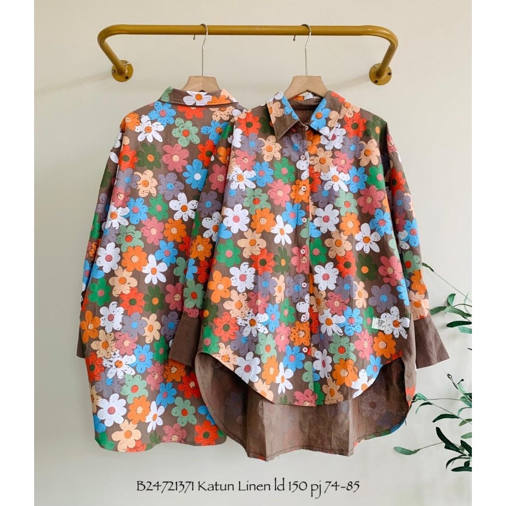 Blouse kemeja wanita katun linen motif oversize jumbo