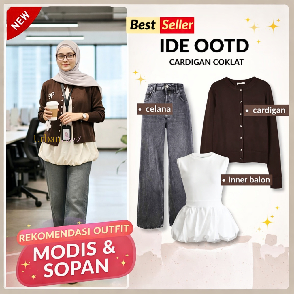 One Set Setelan 3-in-1 Korean Look Mahogany Cardigan + Inner Balon + Jeans Premium