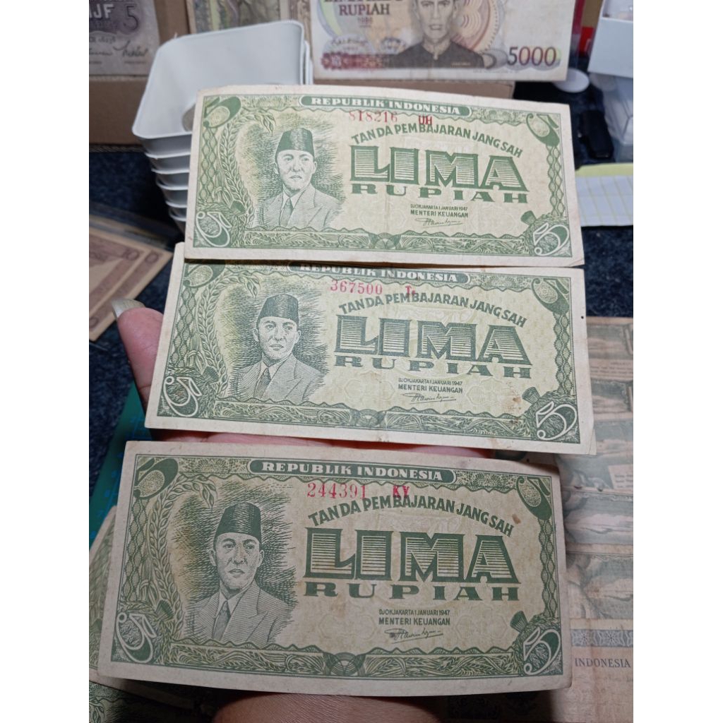 Uang kertas kuno asli indonesia, 5 Rupiah ORI (Oeang Republik Indonesia)tahun 1947,Bergambar Bpk Suk