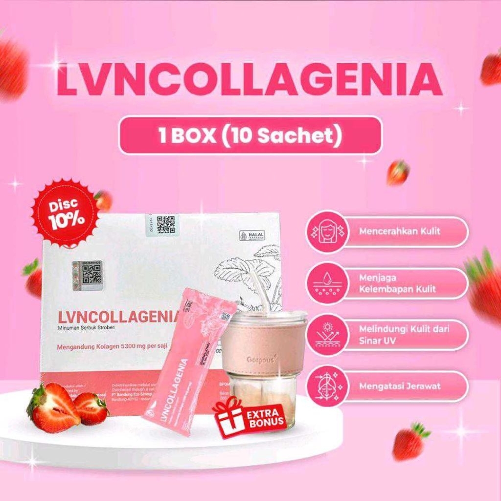 LVN Collagenia Minum Serbuk Collagen Rasa Strawberry Asli %Original BPOM(1box isi 10 Saset Masa Kada