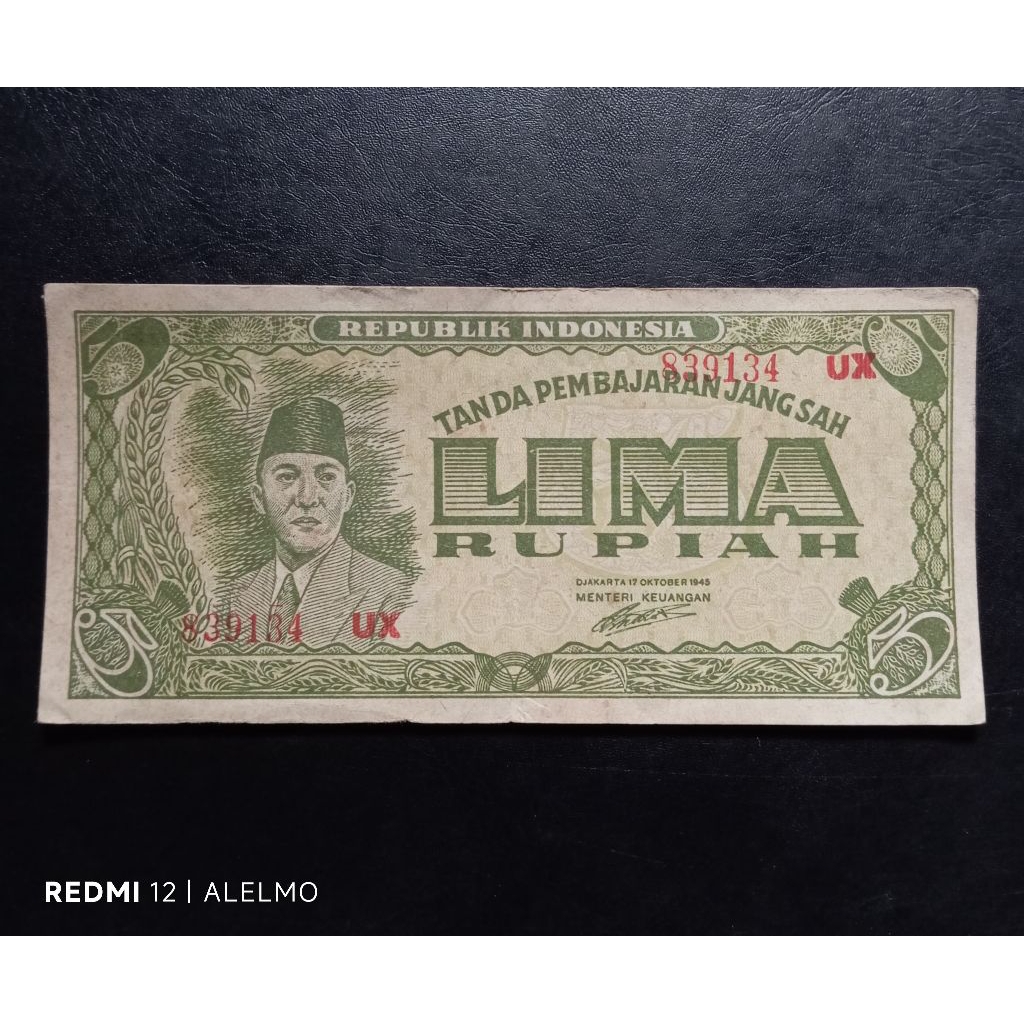 uang kertas 5 rupiah seri ori tahun 1945 bekas bagus