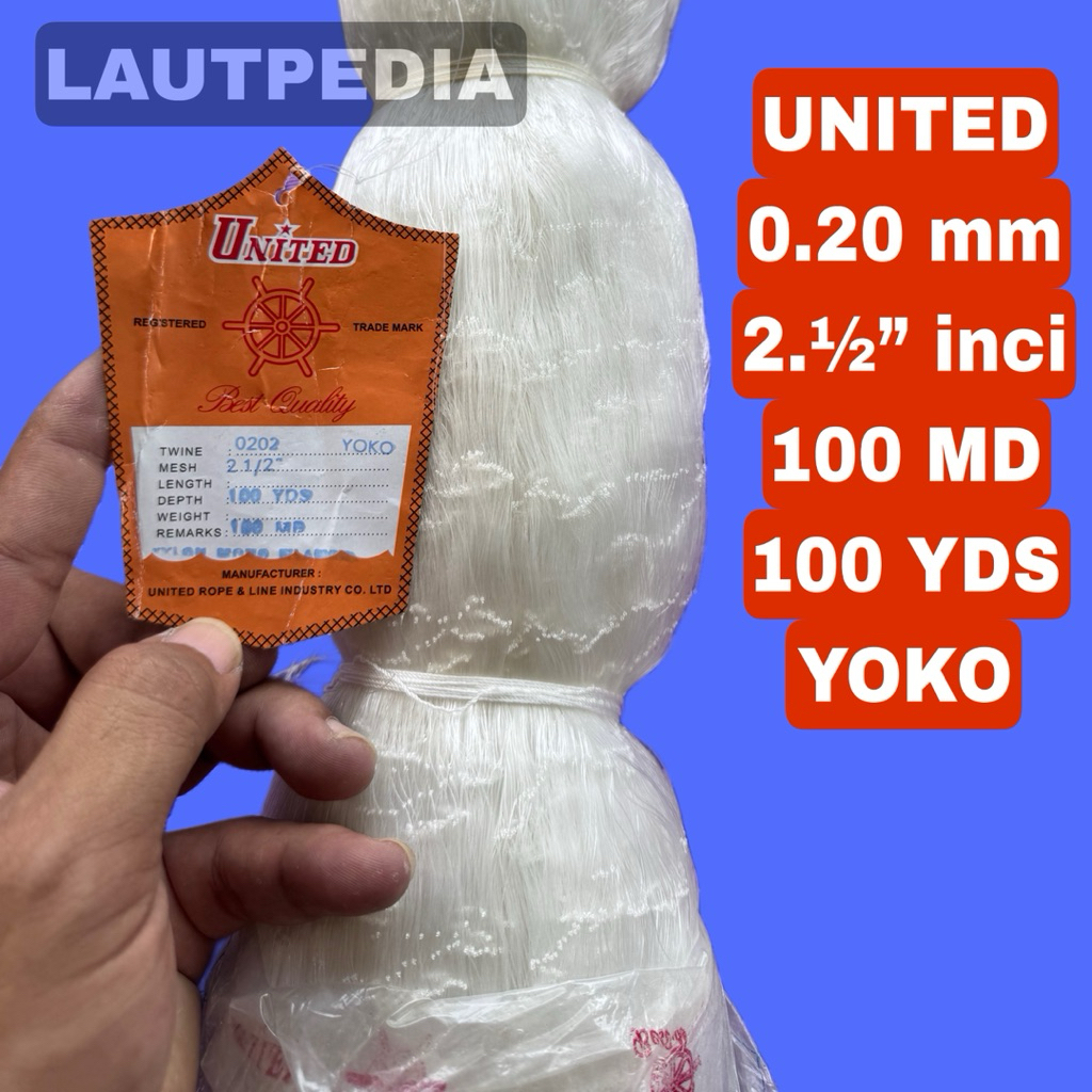 Jaring Ikan UNITED 2.1/2 Inch | Senar 0.20 mm | Kedalaman 100 MD | Panjang 100 Yard - Yoko
