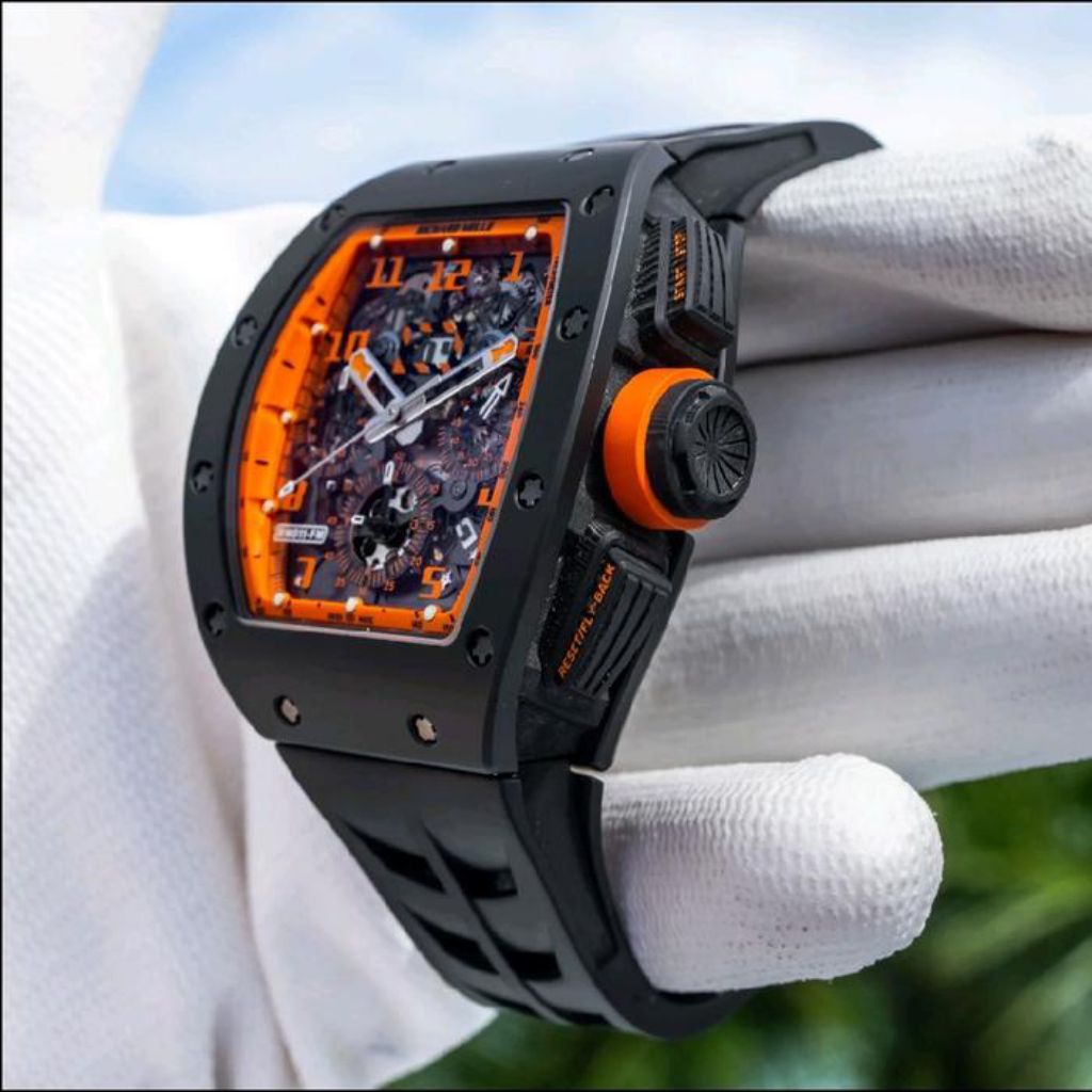 JAM TANGAN RM011 ORANGE STORM BLACK DM 40MM SWISS MATIC JAM TANGAN PRIA ANALOG KEREN STRAP RUBBER BL