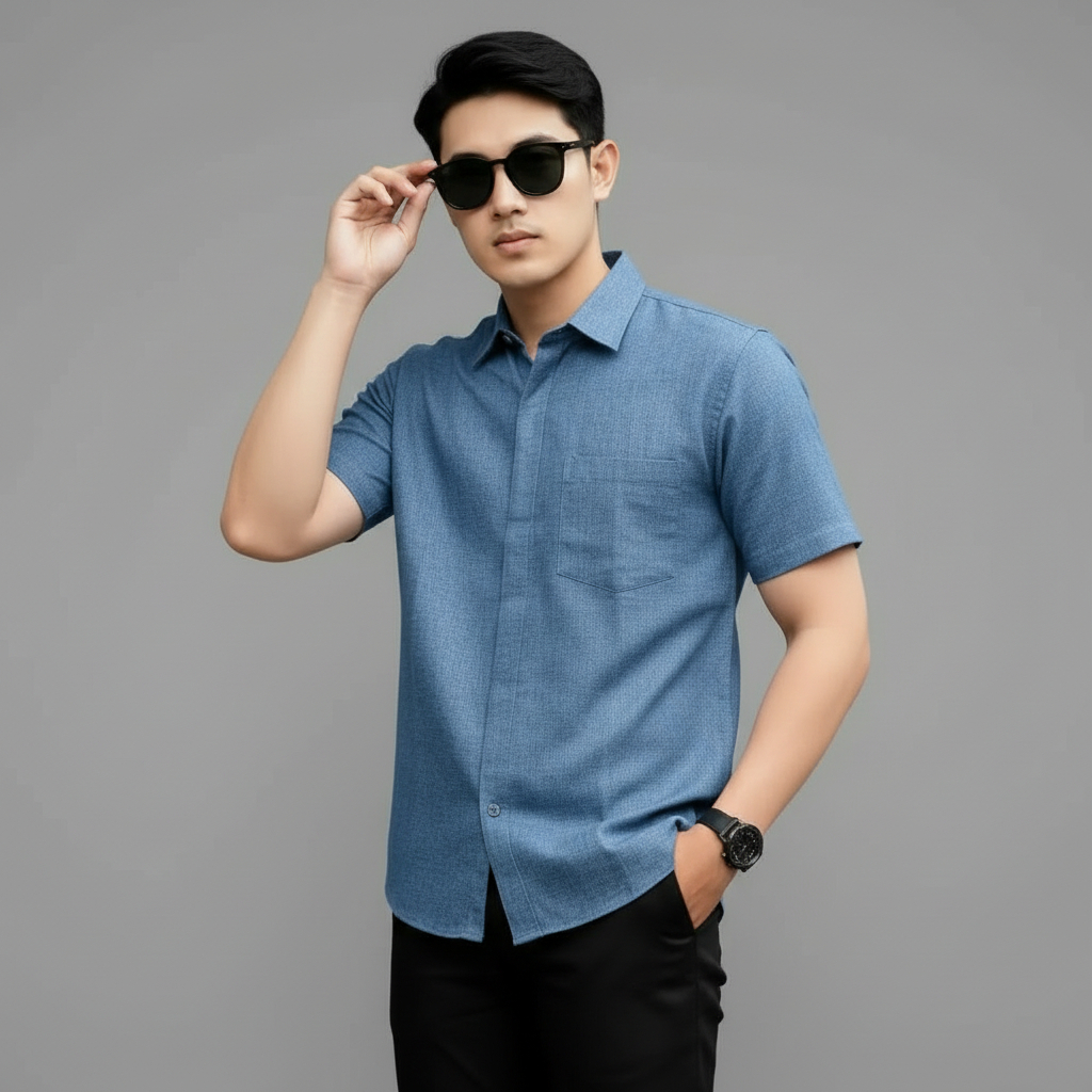 Sallamahgo Kemeja Pria Polos Biru Lengan Pendek Tekstur 3D | Poshboy Leisure Shirt