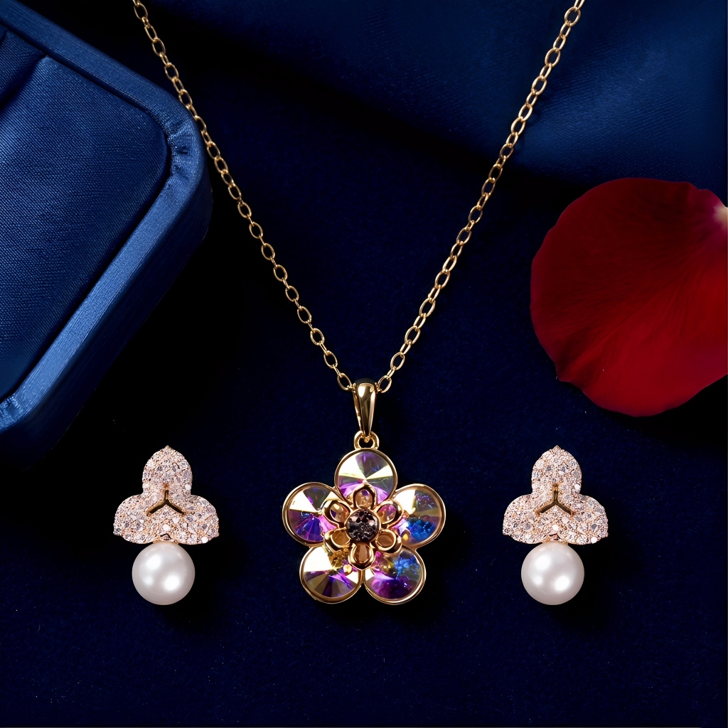 KAIRELIS Perhiasan Crystal Swarovski Prism Iridescent Flower & Clover Pearl Set | Set Perhiasan Kris