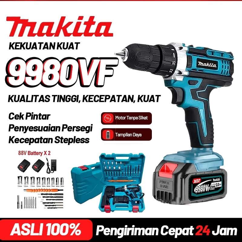 (COD) 9980vf Mesin bor 2baterai cas 10mm bor listrik murah bor tangan baterai besi tembok Beton kayu